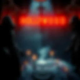 A dark scene depicting shadowy figures performing a bizarre ritual in a hidden location, with eerie symbols and a movie set in the background.