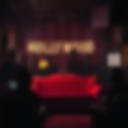 A vintage Hollywood scene with shadowy figures representing actors and hidden scandals, capturing the essence of the infamous casting couch.