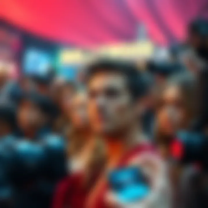 A group of famous actors and actresses looking worried at a red carpet event, surrounded by reporters and cameras.