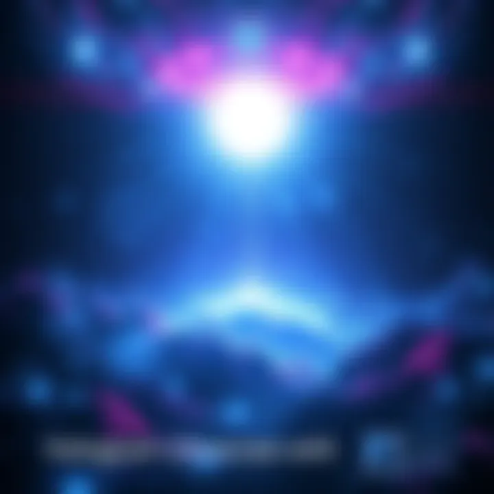 A digital representation of a holographic universe surrounded by dark energy, depicting an evil AI looming above, symbolizing control over humanity.