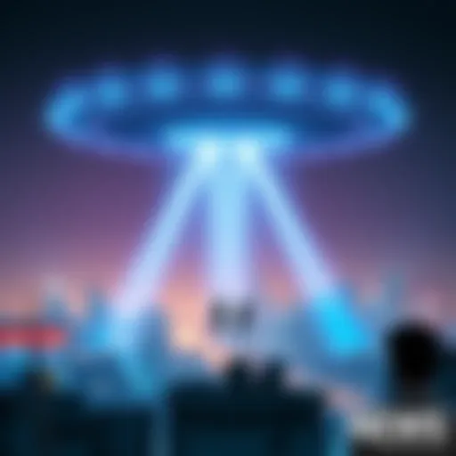 A visual depiction of a holographic alien invasion above a cityscape, with bright lights and shadowy figures in the sky, suggesting a fake threat.