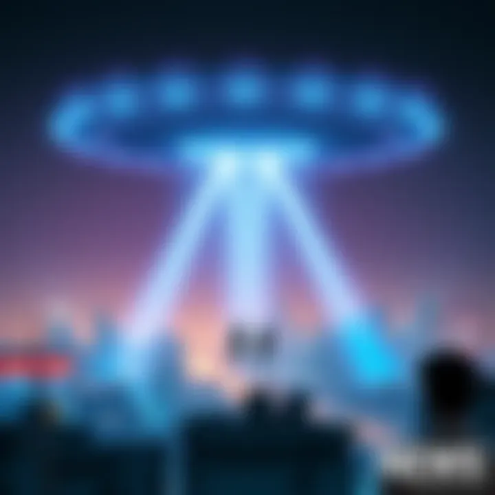 A visual depiction of a holographic alien invasion above a cityscape, with bright lights and shadowy figures in the sky, suggesting a fake threat.