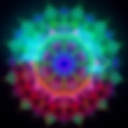 A colorful holographic light mandala created by aliens, displaying vibrant patterns in the night sky.