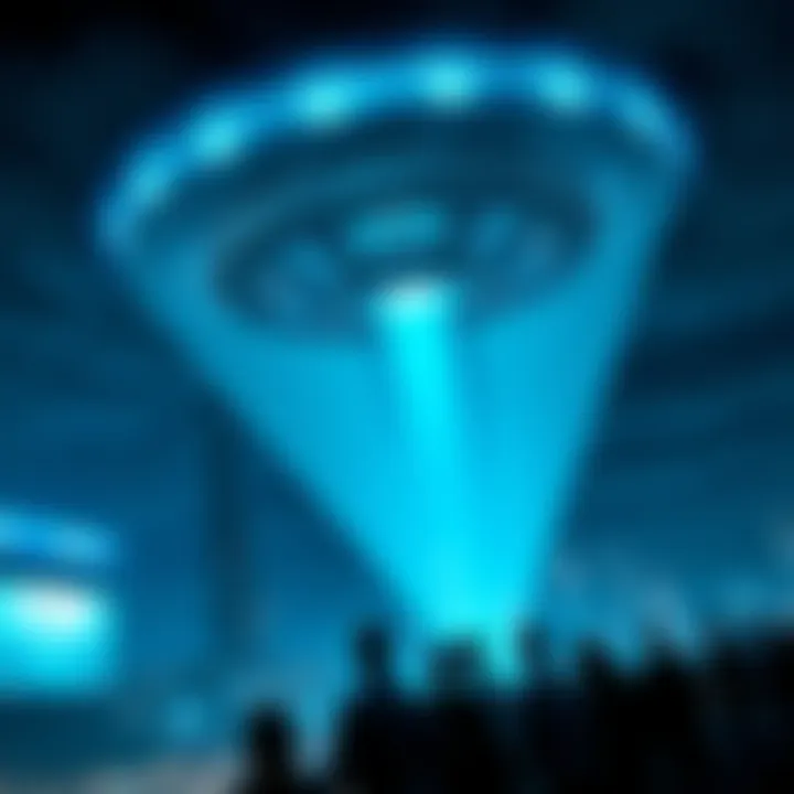 A glowing holographic UFO projecting over a city, with people looking up in awe and fear.