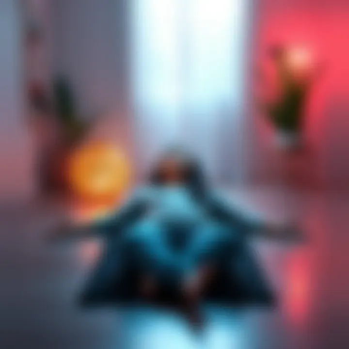 Individual lying on a yoga mat in a serene setting, practicing Holotropic Breathwork with focused breathing, surrounded by calming decor and plants