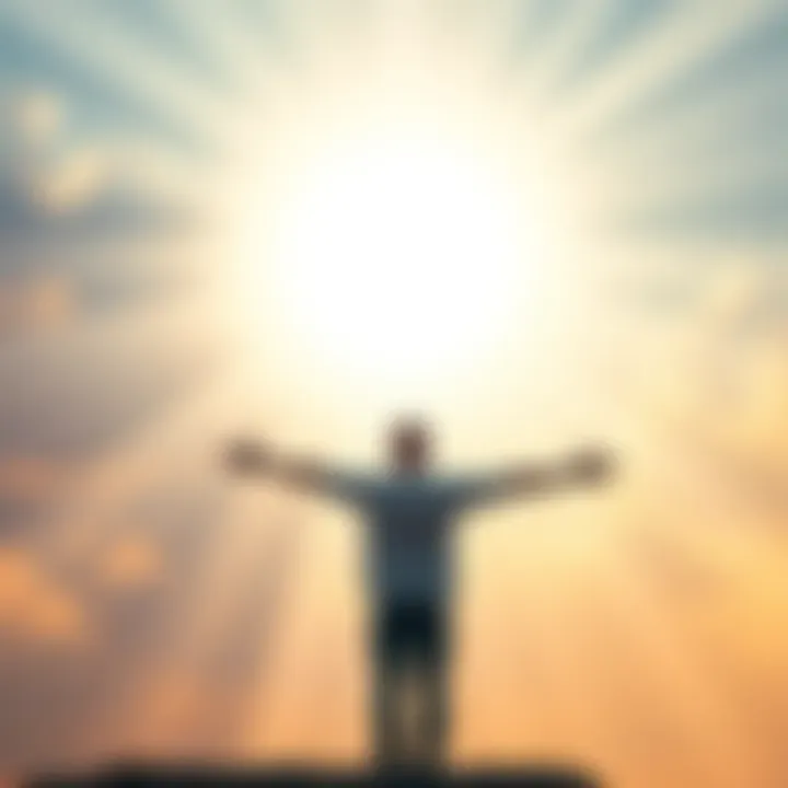 A serene image depicting rays of light coming down from the sky, symbolizing the presence of the Holy Spirit. A person with outstretched arms stands beneath the light, representing openness to spiritual guidance.