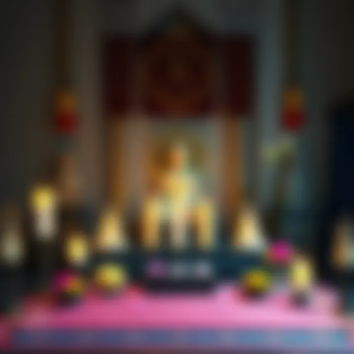 Home Altar of a Theravadin Buddhist A peaceful home altar featuring candles, flowers, and Buddha statues, reflecting personal Buddhist practice.