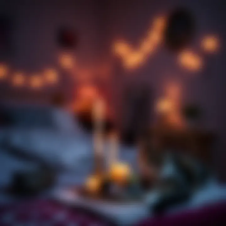 A cozy home altar setup in a basement bedroom, featuring candles and crystals, with a cat lounging nearby.