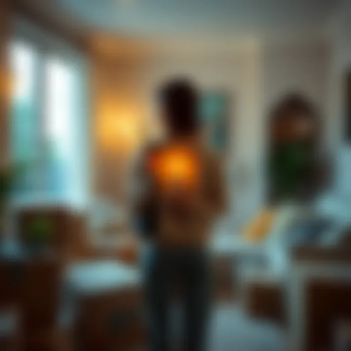 A person holding a small plant and a candle, standing in a cozy living room filled with moving boxes, symbolizing farewell rituals for a beloved home.