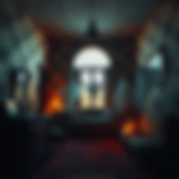 An old ancestral home with faded wallpaper, dim lighting, and ghostly silhouettes in the background, creating a spooky atmosphere.
