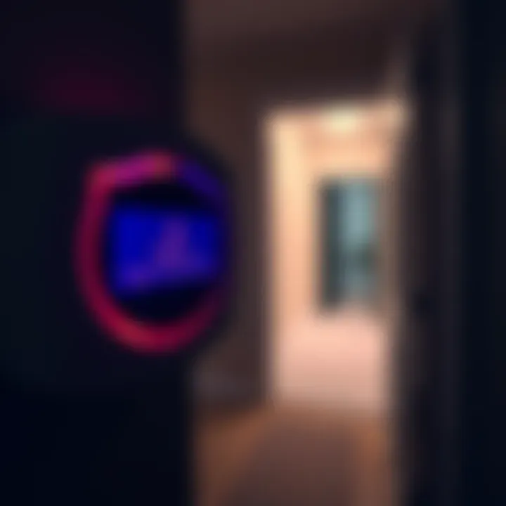 A close-up of a home security alarm display showing an alert, with an empty front door visible in the background