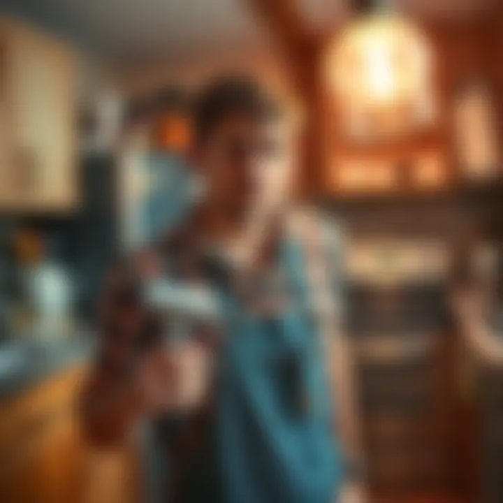 Home Repairs A frustrated homeowner standing in a kitchen with broken appliances and leaks, holding a repair tool, looking worried.