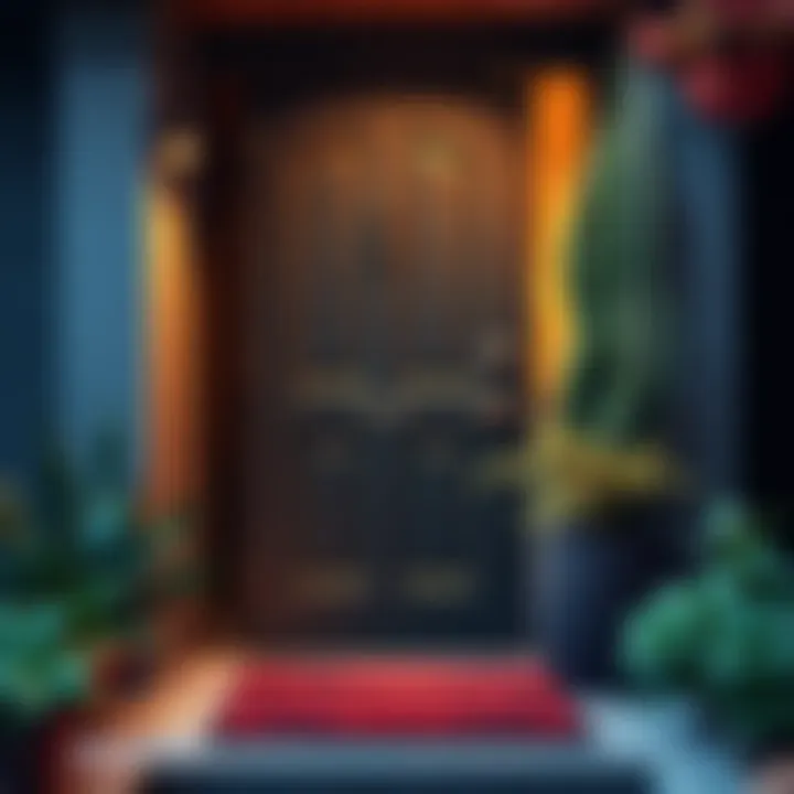 A front door with a sturdy lock and a welcome mat, surrounded by plants for protection