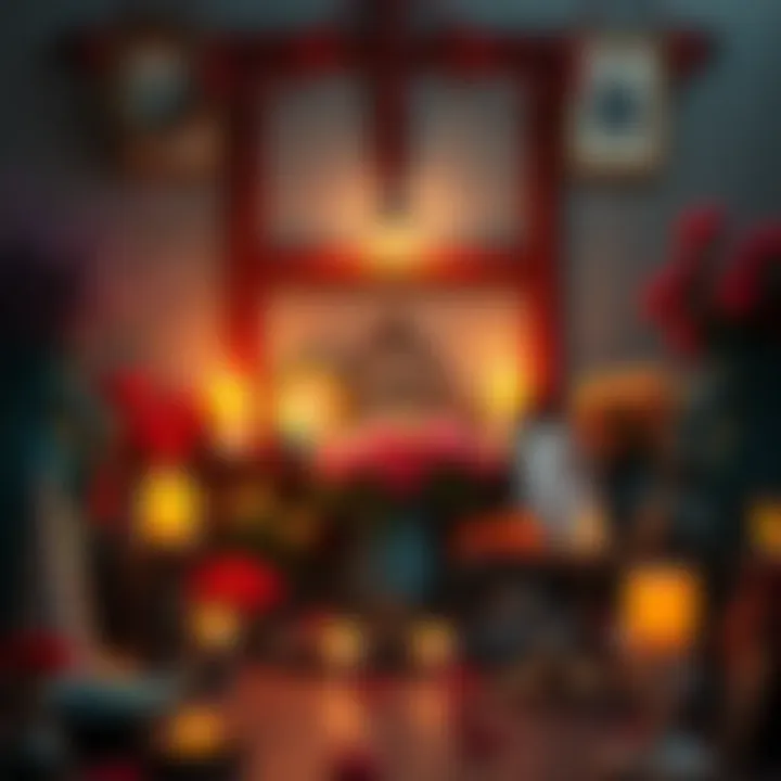 A well-arranged home shrine featuring candles, flowers, and personal items, reflecting cultural significance.