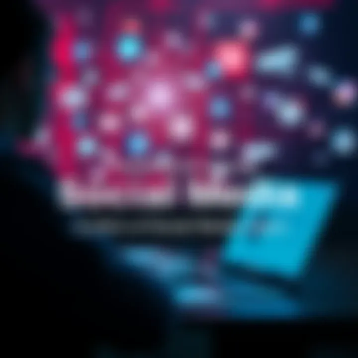 A graphic showing a person using a laptop, with icons representing social media platforms and surveillance imagery in the background.