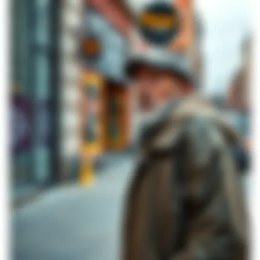 A homeless man standing on a city street, looking at a passerby with a surprised expression, as he calls out their full name.