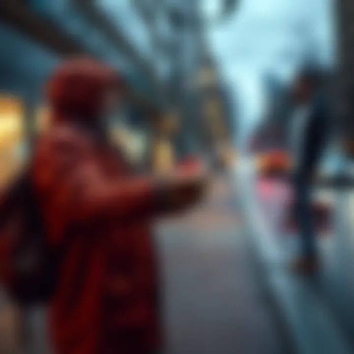 A homeless man extends a gift to a passerby on a city pathway, creating a moment of connection.