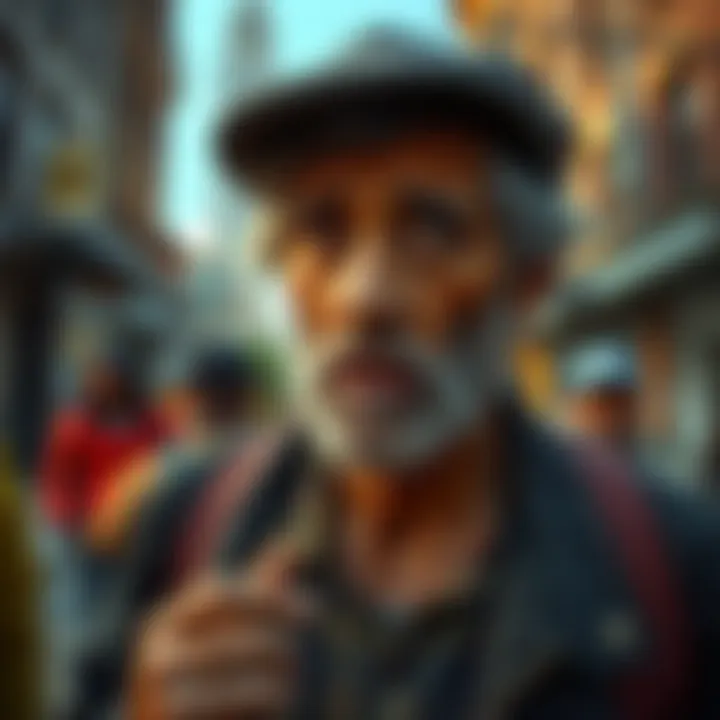 Homeless Man Speaking A homeless man with a concerned expression talks to a small group, sharing stories about mysterious disappearances of individuals. Behind him, a city street shows signs of neglect.