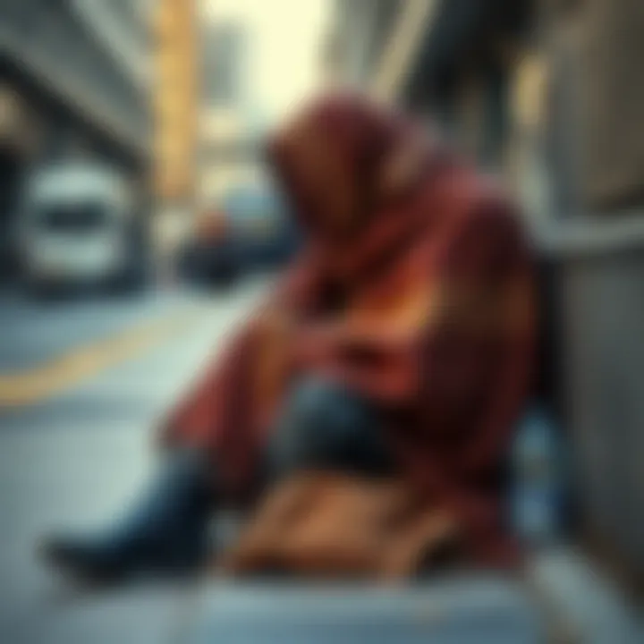 A homeless individual wrapped in a blanket, sitting on a city sidewalk with head down, illustrating the harsh realities of poverty