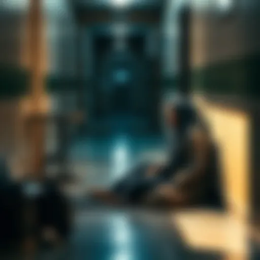 A homeless woman sits on the floor of a building hallway, surrounded by her belongings, looking contemplative while a table stands nearby.