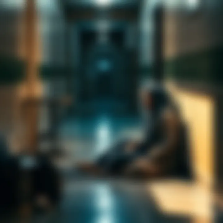 A homeless woman sits on the floor of a building hallway, surrounded by her belongings, looking contemplative while a table stands nearby.