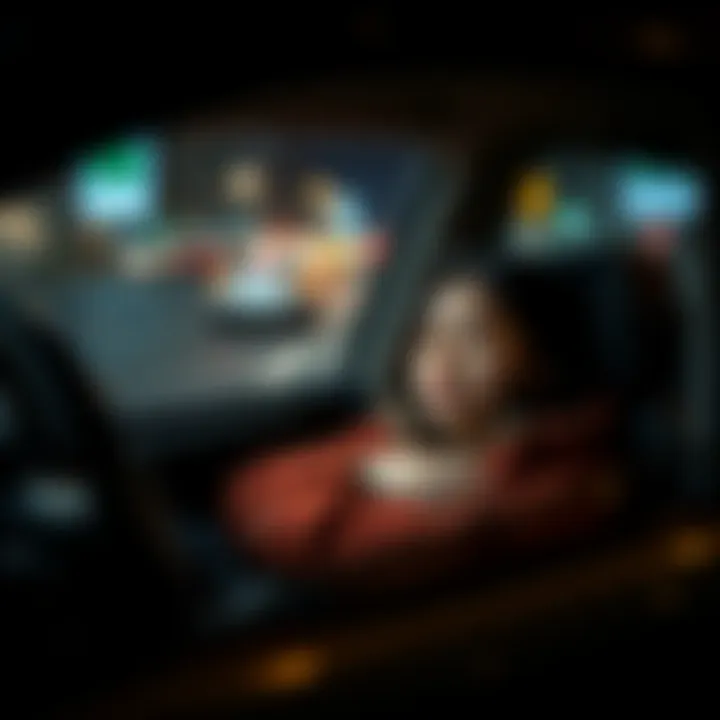 A young woman sleeping in her car, looking distressed, surrounded by dark city streets at night