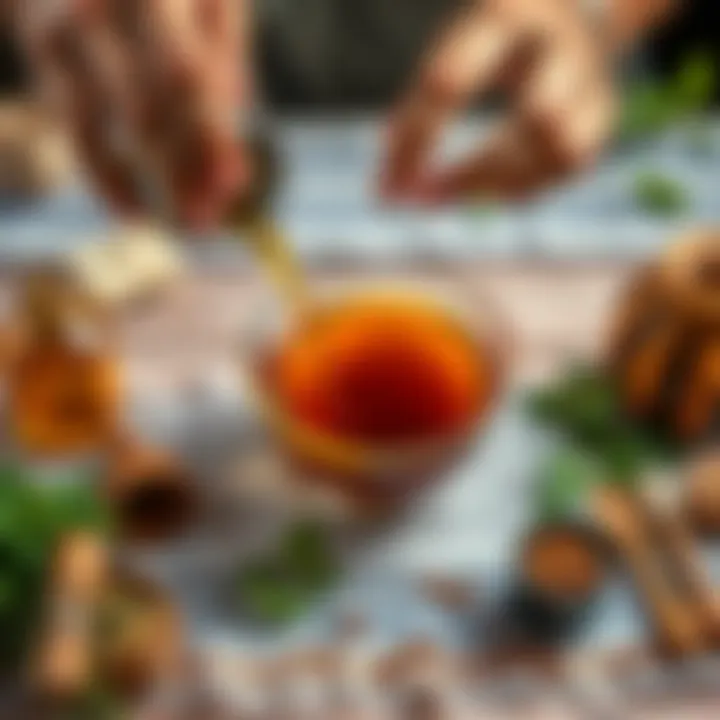 A person pouring herbal tea into a bowl of oil, surrounded by fresh herbs and tools for making Ayurvedic oils