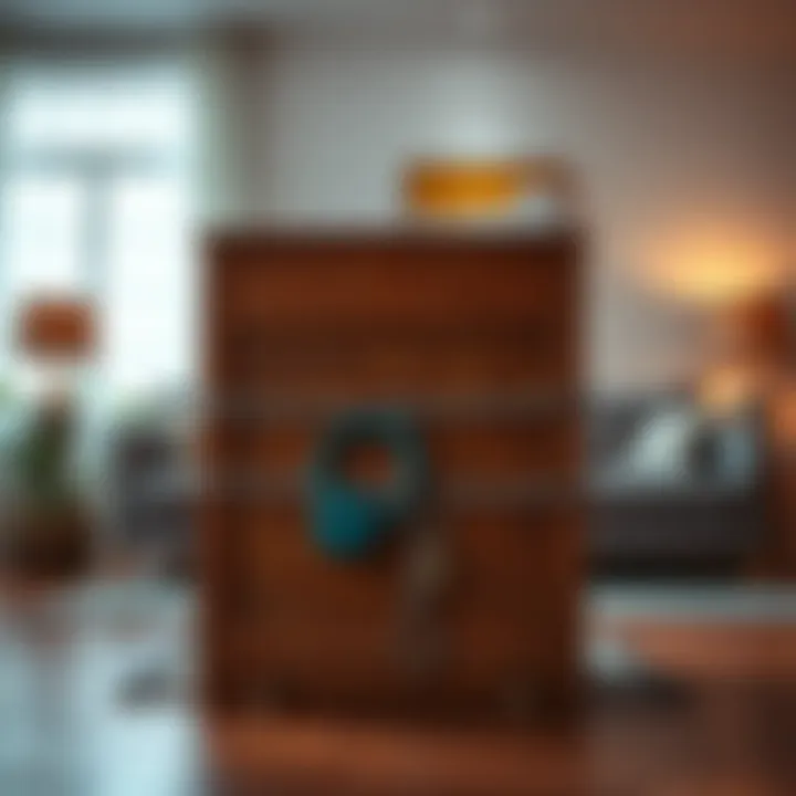 A homemade box designed to bind a threatening ex-spouse, placed in a living room setting, symbolizing safety and protection.