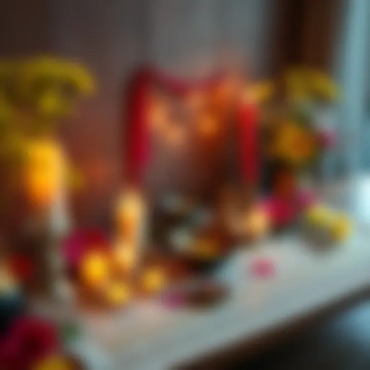 A personal altar decorated with candles, flowers, and small offerings, highlighting the spiritual significance of the setup.
