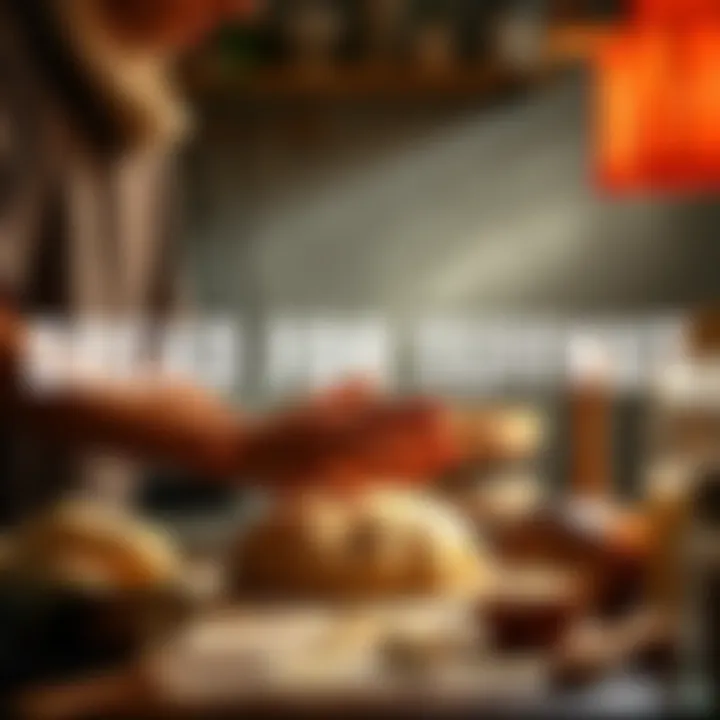 A person kneading dough and preparing bread as a prayer offering to Tefnut, surrounded by simple kitchen items and light.