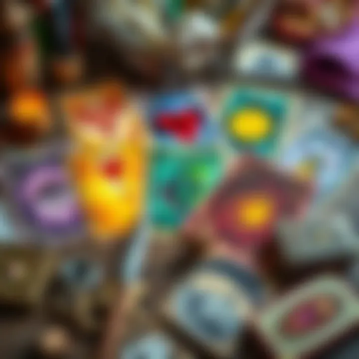 A colorful display of handmade oracle cards with themes of romance and transformation, surrounded by craft supplies.