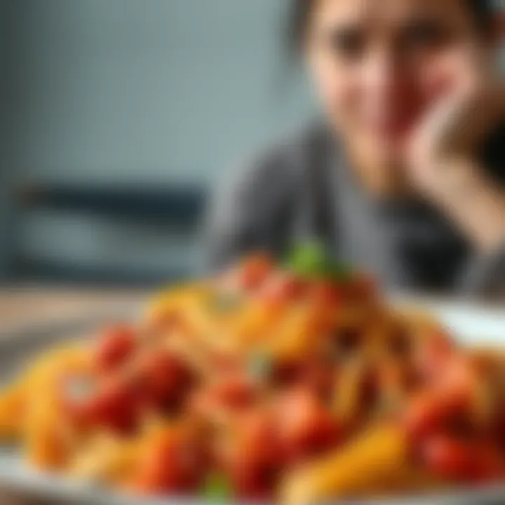 A bowl of homemade pasta topped with sauce and herbs, with a concerned person in the background looking at it