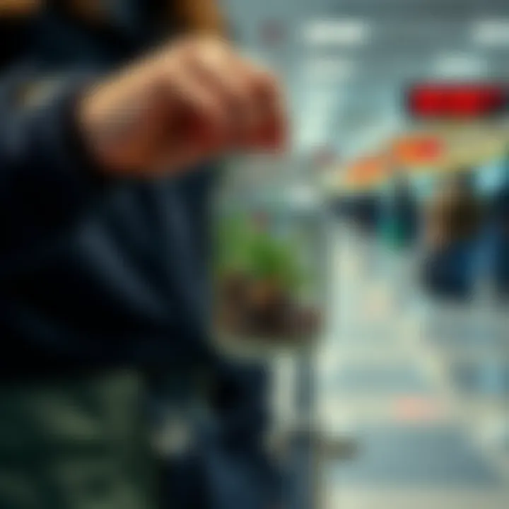 A person holding a small jar filled with herbs while waiting in line at TSA security checkpoint