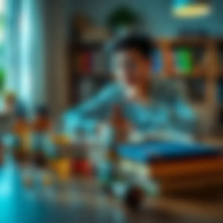 A table with homeopathic remedy bottles and a student studying with books, looking thoughtful about exam stress.