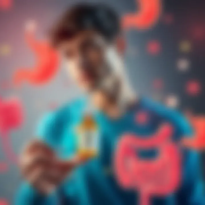 A person looking thoughtful while holding a homeopathic remedy bottle, surrounded by digestive health symbols like a stomach and intestines.