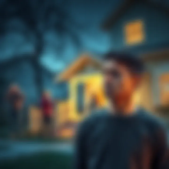 A frustrated homeowner stands near their house feeling anxious while neighbors argue in the background, illustrating conflict in a residential area.