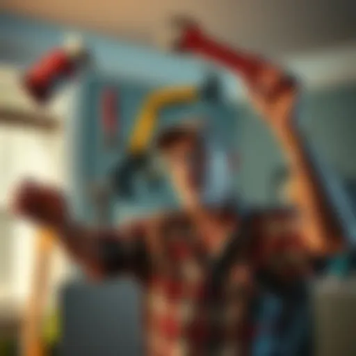 A homeowner looks surprised as tools float in mid-air, symbolizing playful spirit activity in the house.