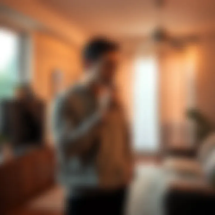 A homeowner stands in a cozy room, looking puzzled while smelling a sweet perfume in the air, surrounded by home decor and soft lighting.