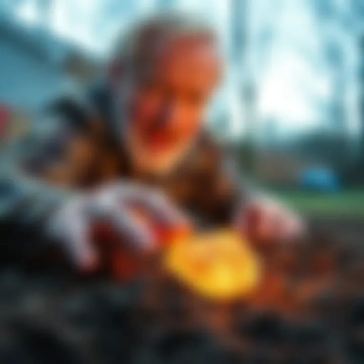 A homeowner digging in their backyard reveals a shiny uranium rock among the soil, with a concerned expression on their face.