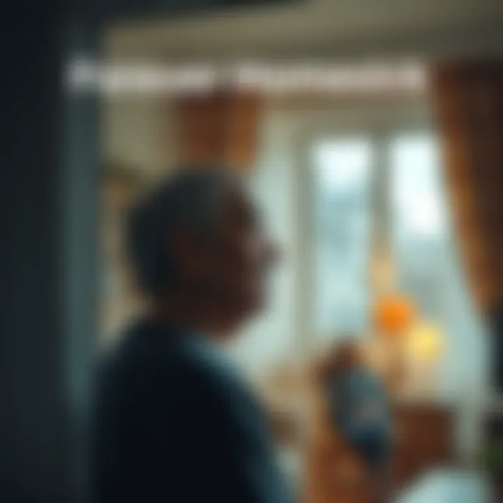 A middle-aged person gazes outside a window, reflecting feelings of homesickness while surrounded by family in a cozy living room.