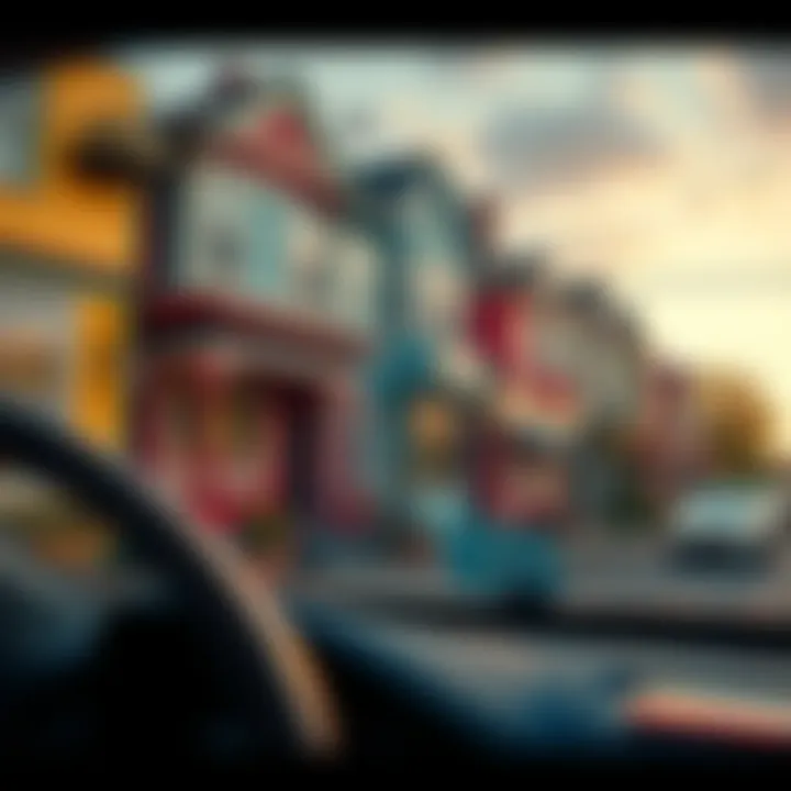 A car driving past colorful houses and unique storefronts in a quaint neighborhood