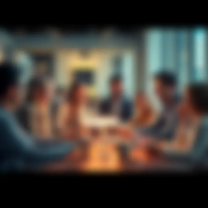 A group of people engaged in a lively discussion on laptops and smartphones, sharing ideas and thoughts in a digital space.