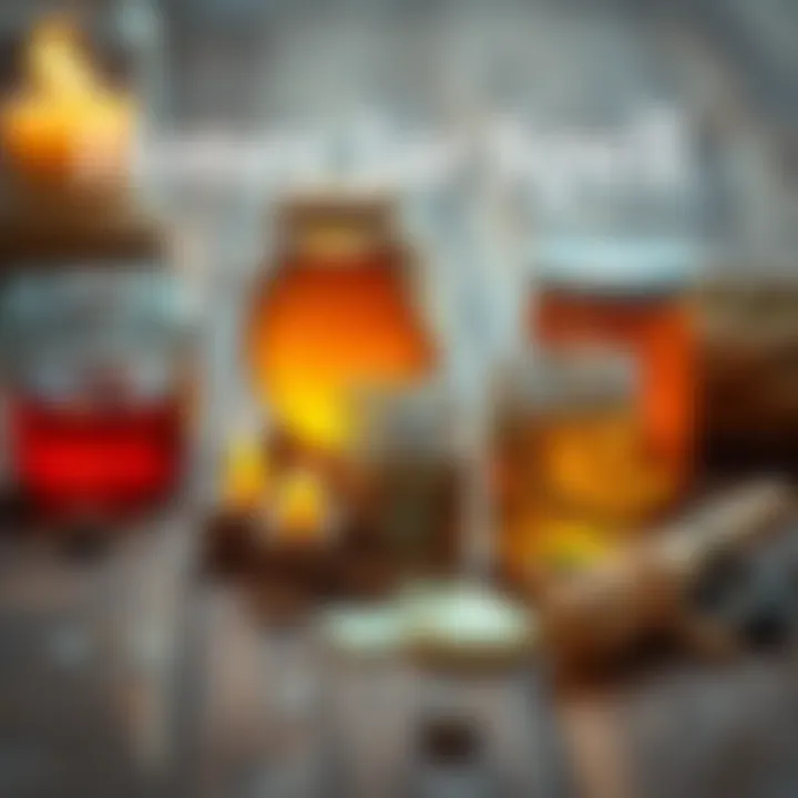 A collection of simple ingredients for a Honey Jar Spell, including honey, small candles, and herbs, arranged on a wooden table