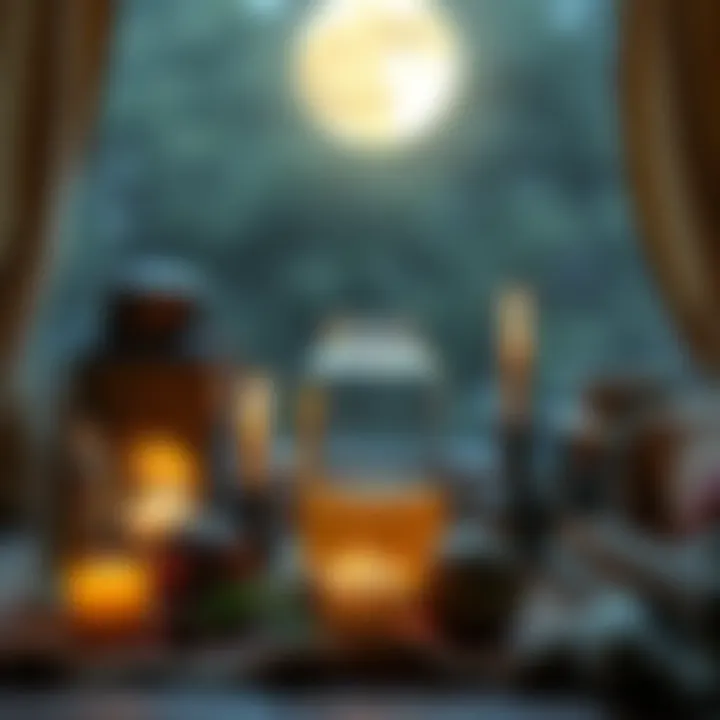 Honey Jar Spell Setup A cozy setup featuring a honey jar, candles, and herbs for performing a love spell, with a calming moonlit background.