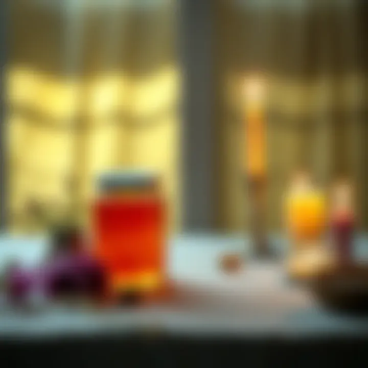 Honey Jar Spell Setup A table with a honey jar, candles, and herbs for a spell focusing on loving communication