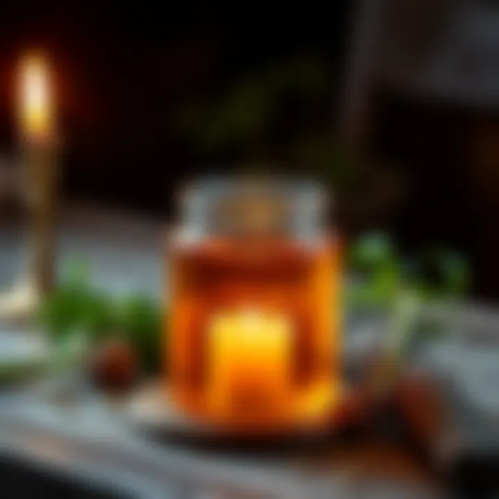 A honey jar placed on a wooden table, surrounded by a lit candle and various herbs used in spells