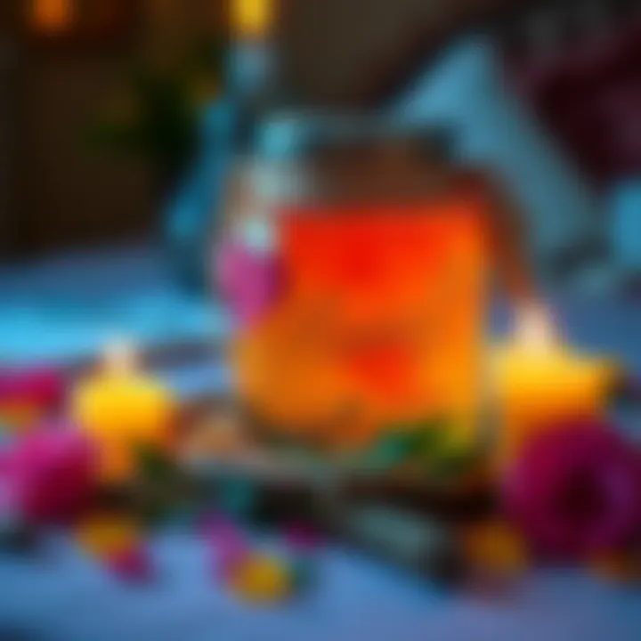 A decorative honey jar filled with honey and herbs, surrounded by candles and flowers, symbolizing love and attraction.