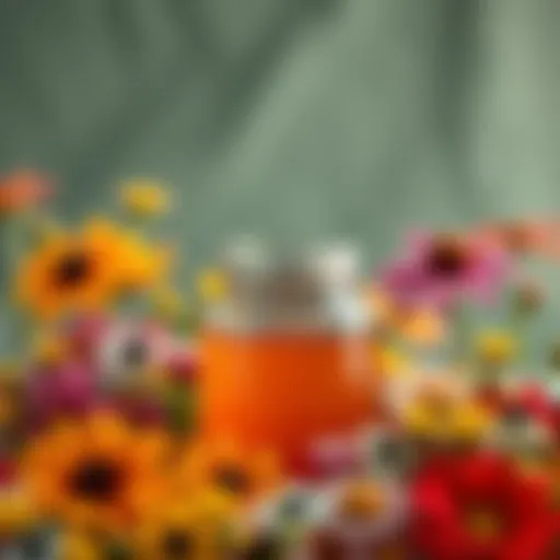 A honey jar placed among colorful flowers, symbolizing natural sweetness and abundance.