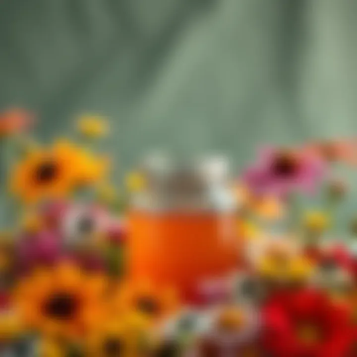 A honey jar placed among colorful flowers, symbolizing natural sweetness and abundance.