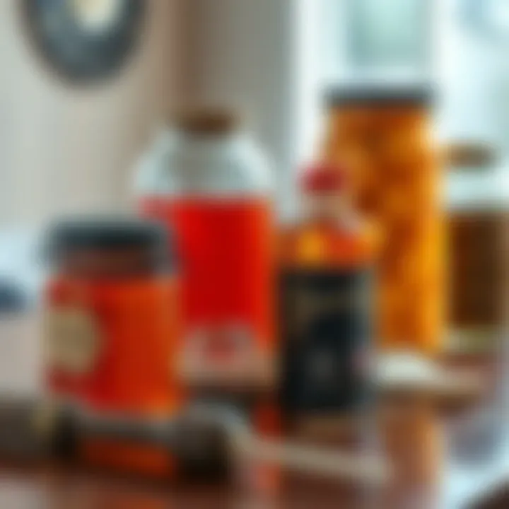 A close-up of colorful honey and sour jars with herbs and spices, showcasing items associated with hoodoo practices.